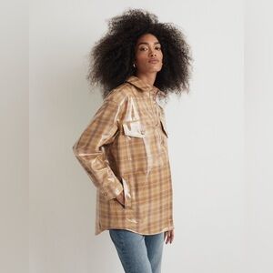 NWOT Madewell Laminated Superoversized Shirt-Jacket Yarn-Dyed Tan Plaid Medium